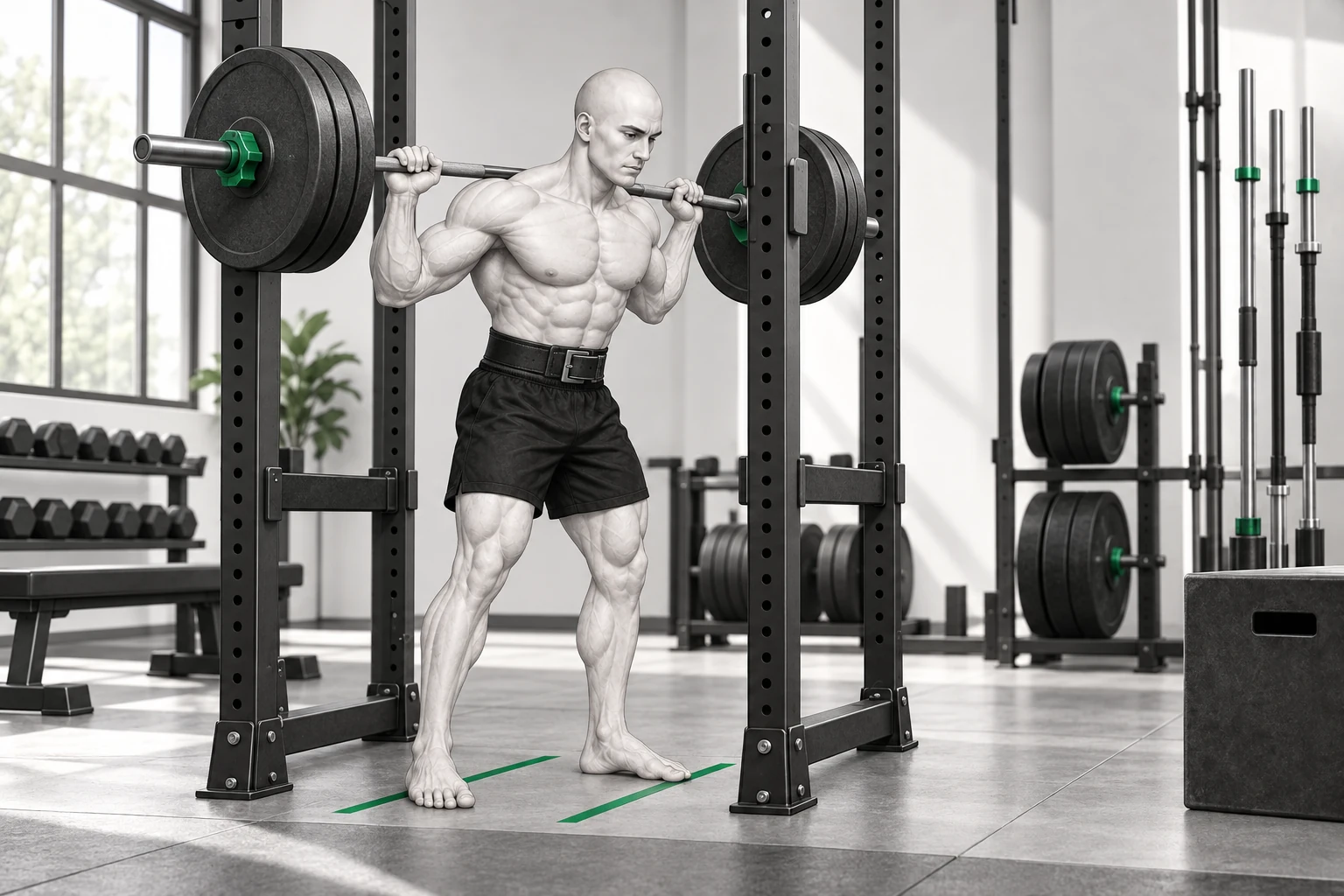 The ShapeVision character prepares for a squat wearing a lifting belt