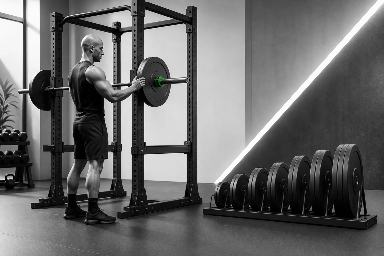Un pratiquant choisit une charge de départ progressive devant un rack à squat
