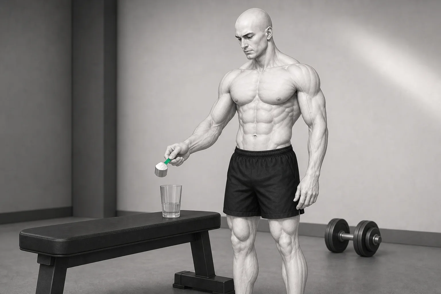 Le personnage ShapeVision dose de la créatine monohydrate près de son matériel de musculation