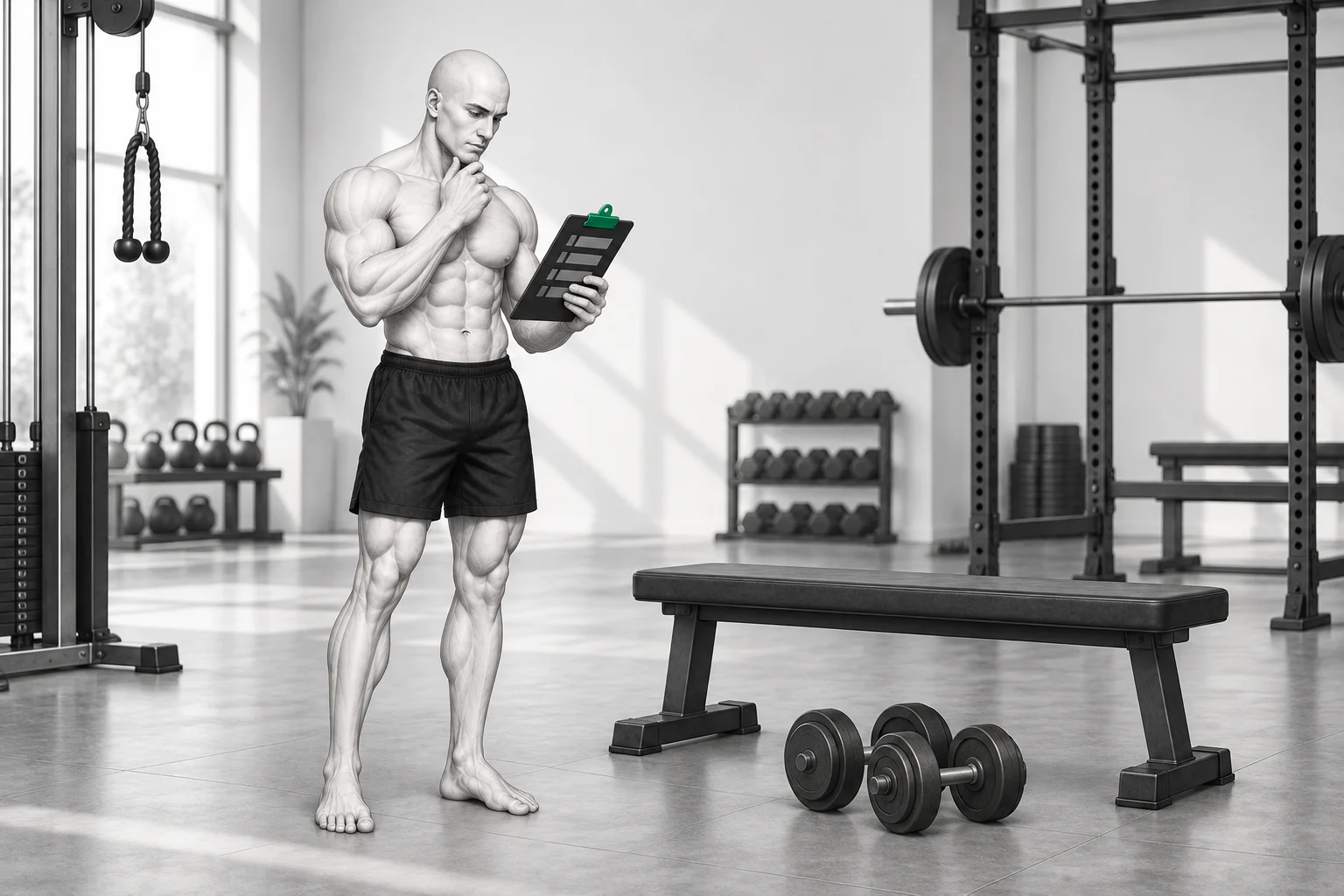 Le personnage ShapeVision choisit une courte liste d’exercices dans une salle de musculation