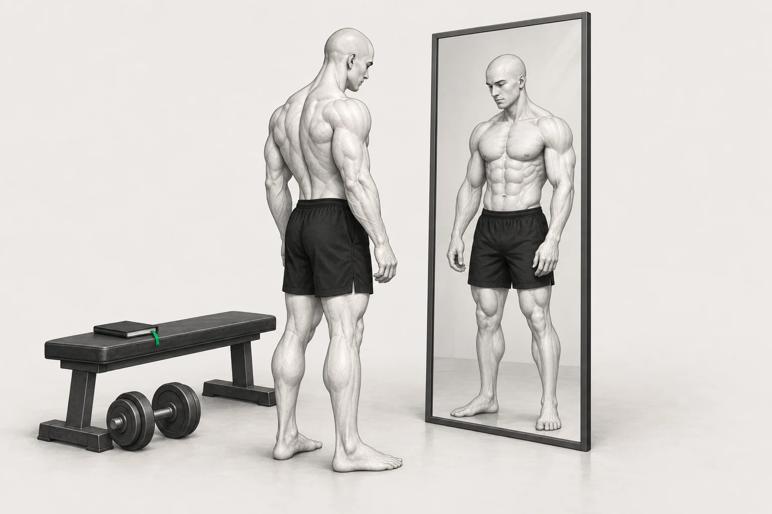 Le personnage ShapeVision observe son reflet dans un miroir, près d’un banc et d’un carnet fermé