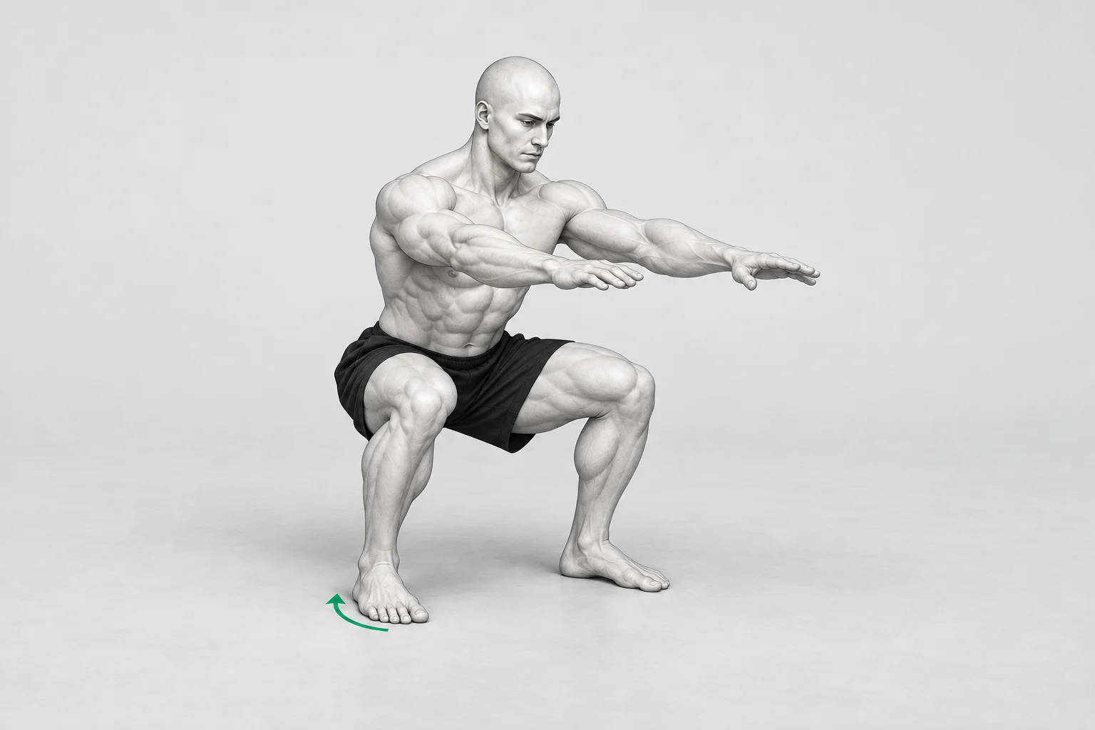 El personaje ShapeVision hace una sentadilla con los pies separados y las puntas ligeramente abiertas