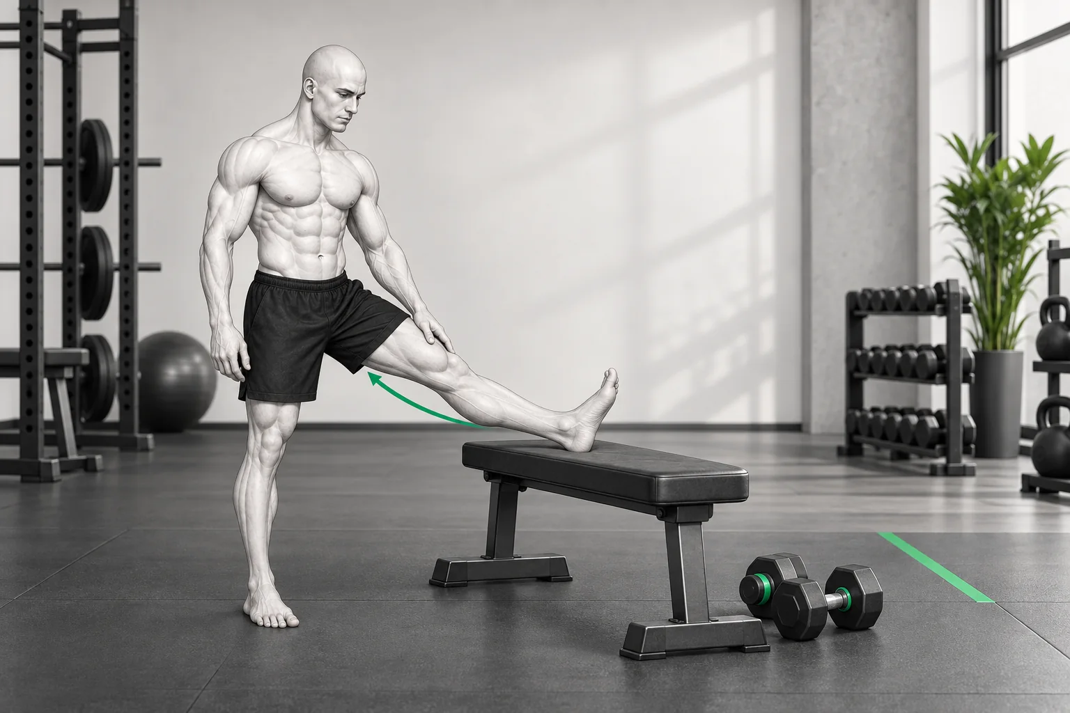El personaje ShapeVision realiza un estiramiento suave de los isquiotibiales en un gimnasio