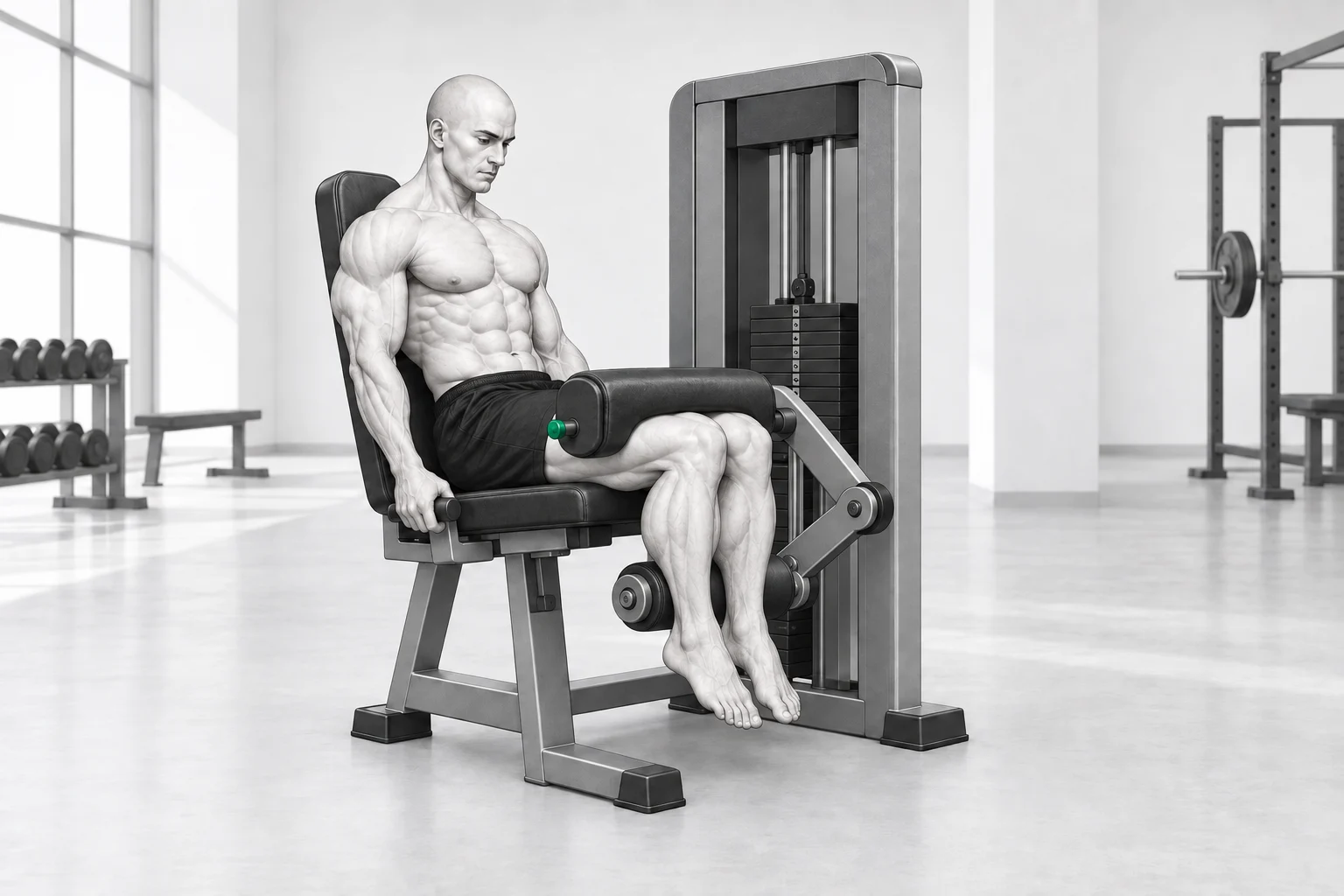 El personaje ShapeVision realiza un curl femoral sentado con los muslos sujetos y la espalda apoyada