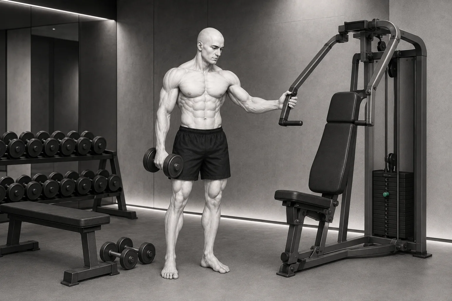 Le personnage ShapeVision compare un haltère et une machine de musculation dans une salle moderne
