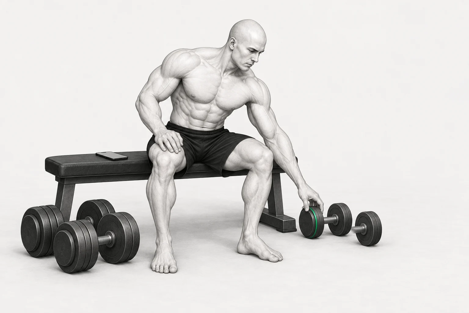 The ShapeVision character chooses lighter dumbbells between working sets
