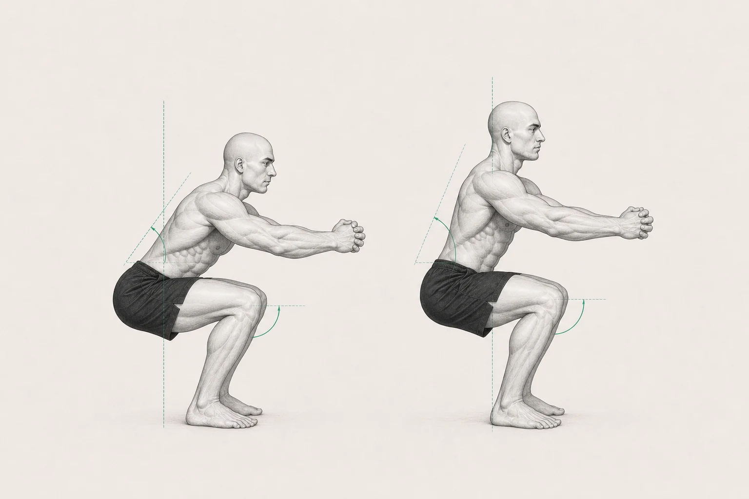 Deux morphologies différentes adoptent des positions de squat valides adaptées à leurs proportions
