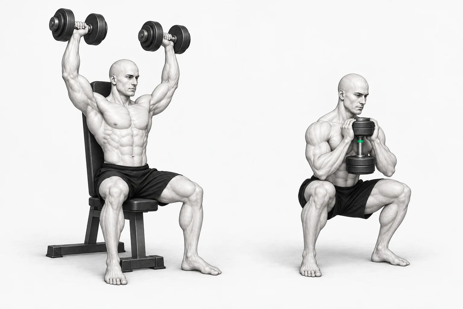 The ShapeVision character alternates a dumbbell press and a squat across two workouts