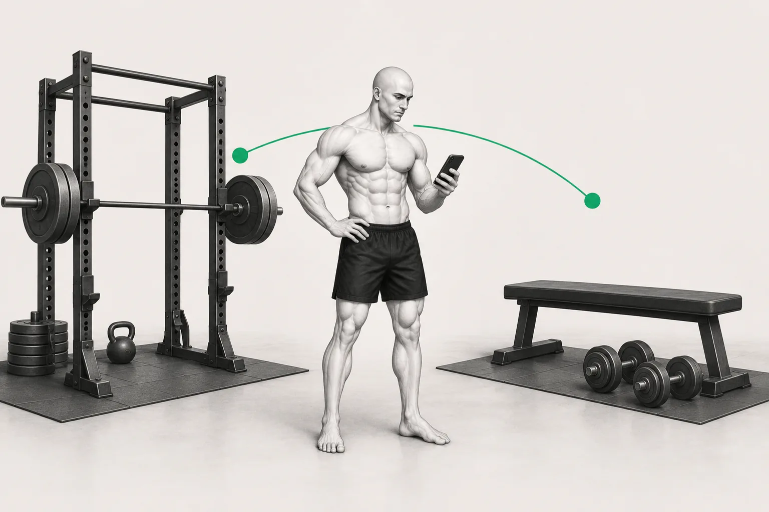 El personaje de ShapeVision organiza dos sesiones full body entre un rack de sentadillas y un banco de musculación