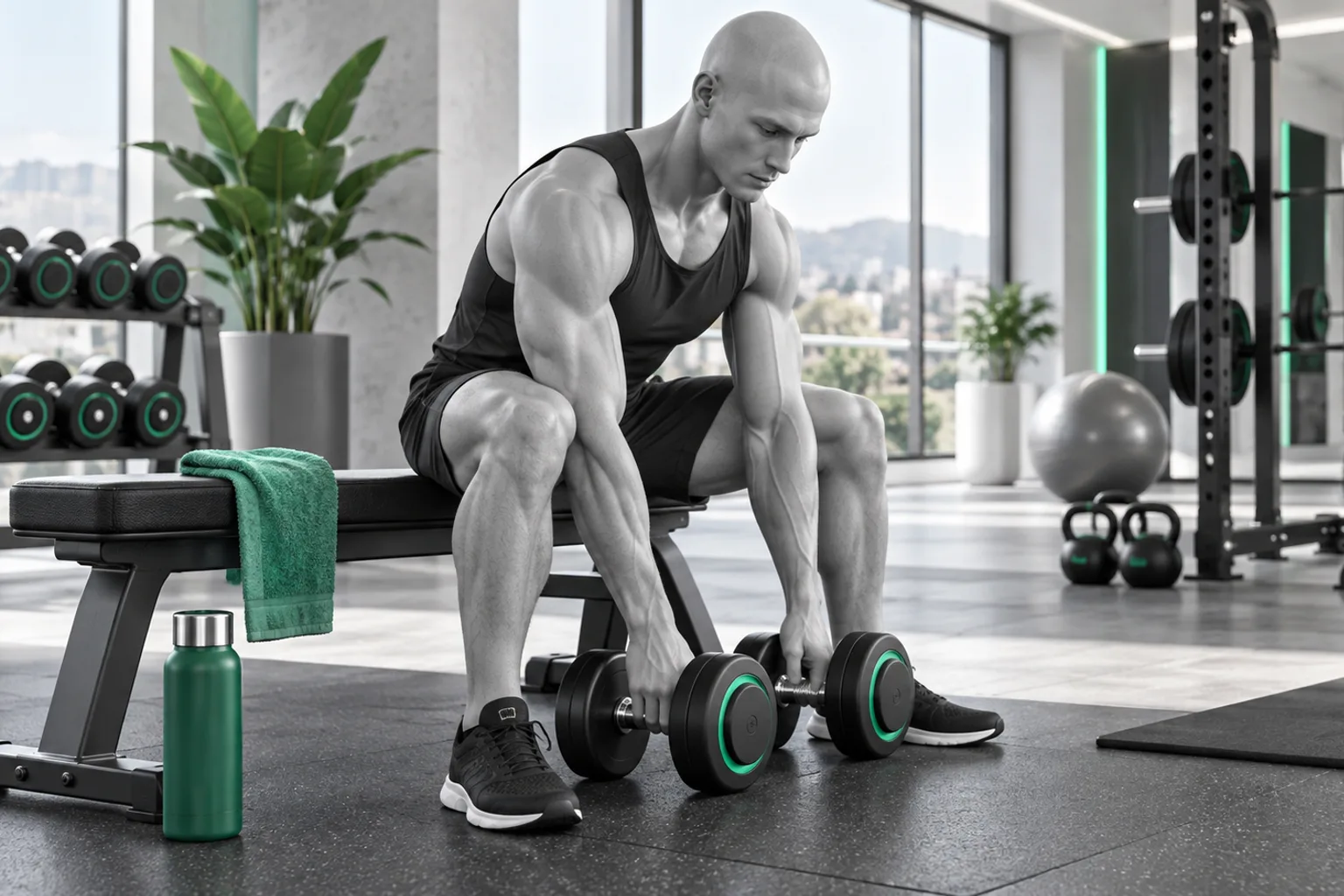 Un pratiquant prépare des haltères pour reprendre la musculation dans une salle lumineuse