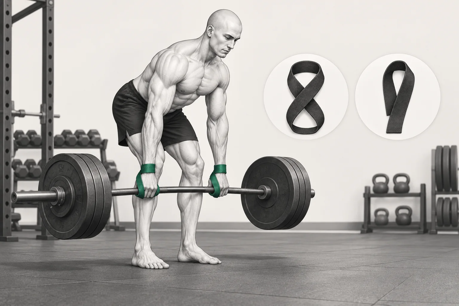 The ShapeVision character performs a Romanian deadlift with lifting straps