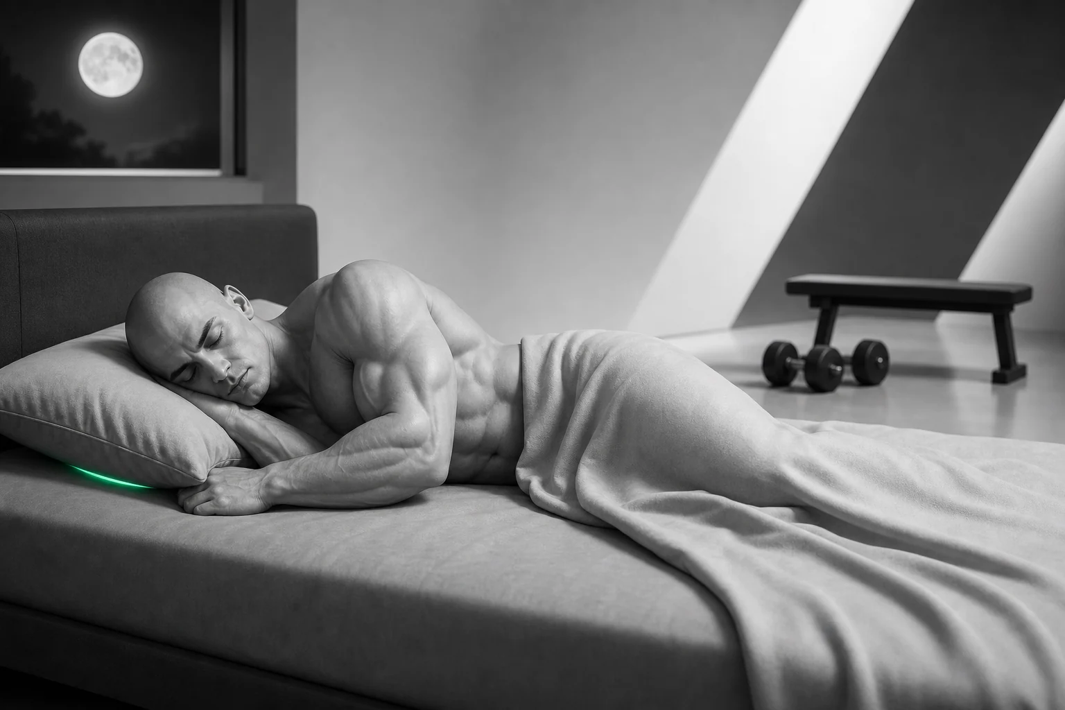 Una persona que entrena fuerza duerme después de su sesión, con un banco y mancuernas al fondo