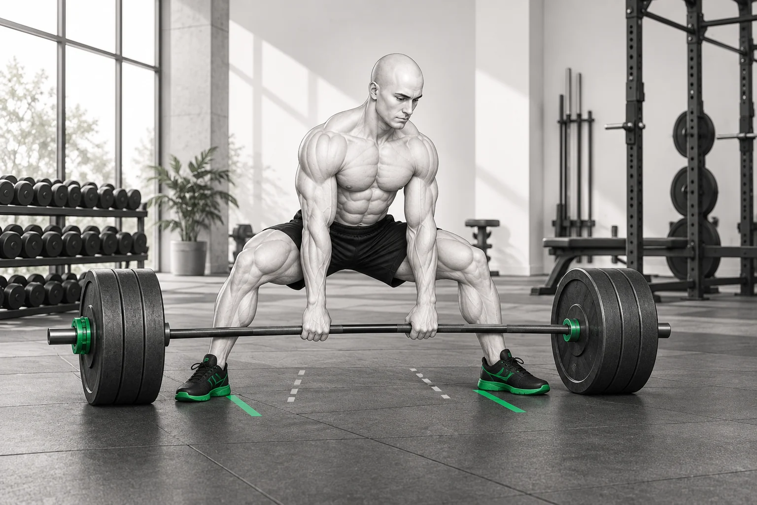 The ShapeVision character sets up for a sumo deadlift in a bright gym