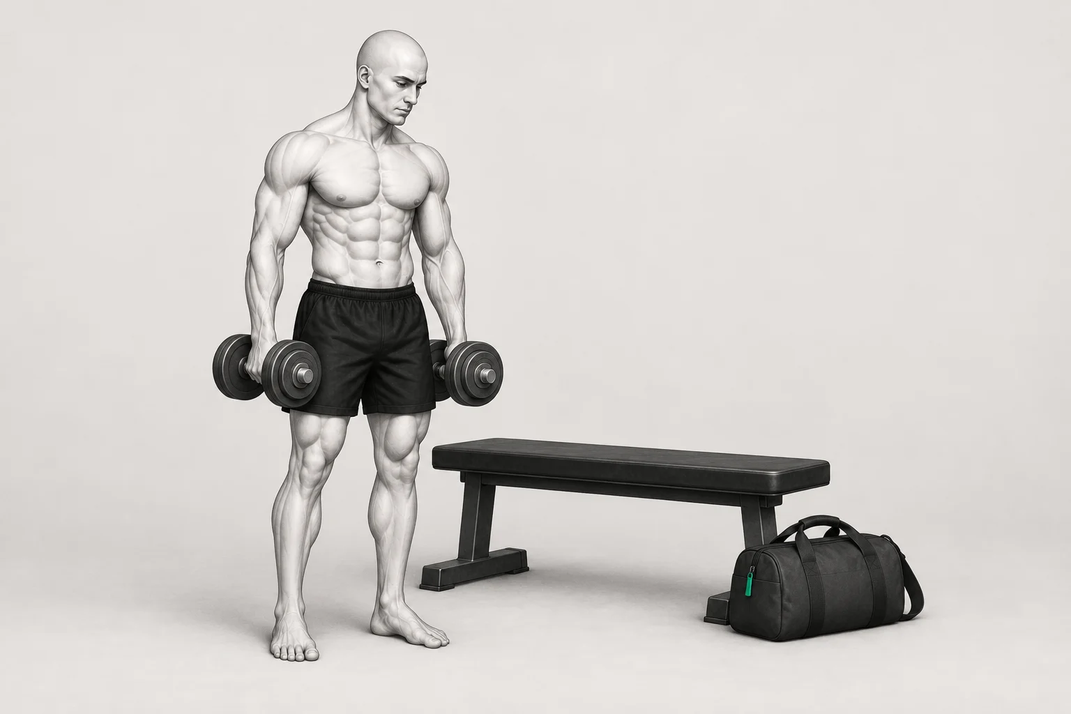 The ShapeVision character ready for a short workout with two dumbbells, a bench and a travel bag